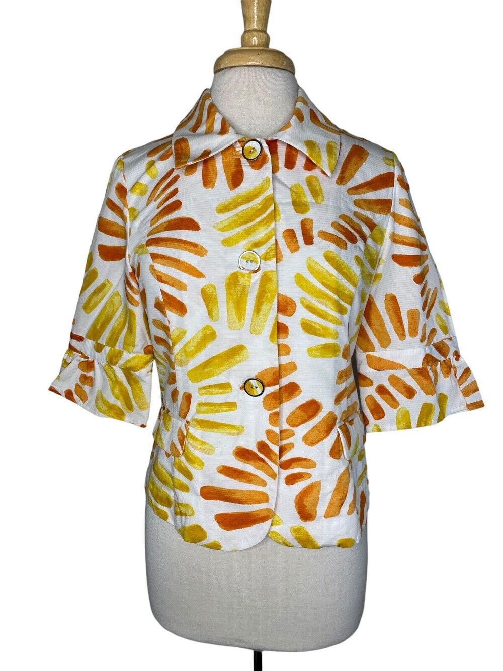 CHICOS Sunburst Abstract Woven Cotton Ribbed Jacket Size Small (0) White